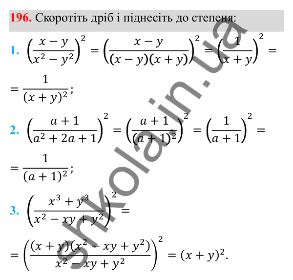ГДЗ Алгебра 8 клас Тарасенкова 2025 — завдання 196, § 5. Множення дробів. Піднесення до степеня