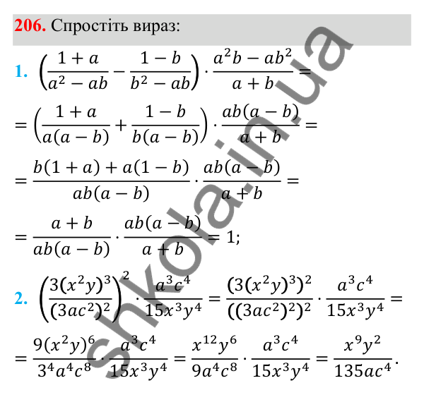 Завдання 206 ГДЗ Алгебра 8 клас Тарасенкова 2025 — завдання 206, § 5. Множення дробів. Піднесення до степеня
