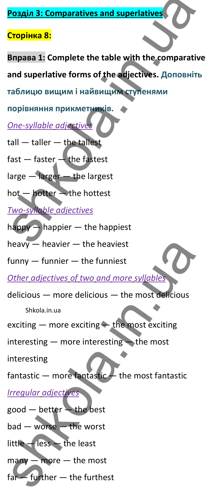 Відповідь до вправи 1, Unit 3 (Comparatives and superlatives), сторінка 8 - ГДЗ Англійська мова 8 клас Хейдерман 2025. Prepare 8 Grammar