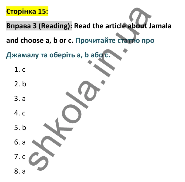 Відповідь до вправи 3, сторінка 15 (читання) - ГДЗ Англійська мова 8 клас Карпюк 2025. Тести