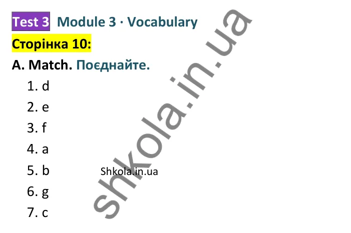 Відповідь до завдання A (Vocabulary), сторінка 10 - ГДЗ Англійська мова 8 клас Мітчелл 2025 тести. Full Blast Plus 8 Test Booklet