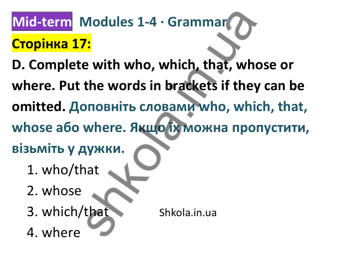 Відповідь до завдання D (Grammar), сторінка 17 - ГДЗ Англійська мова 8 клас Мітчелл 2025 тести. Full Blast Plus 8 Test Booklet