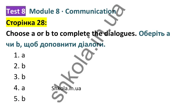 Відповідь до завдання рубрики Communication, сторінка 28 - ГДЗ Англійська мова 8 клас Мітчелл 2025 тести. Full Blast Plus 8 Test Booklet