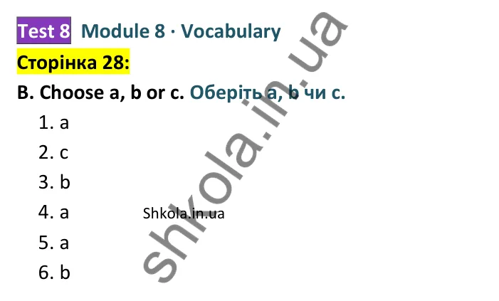 Відповідь до завдання B (Vocabulary), сторінка 28 - ГДЗ Англійська мова 8 клас Мітчелл 2025 тести. Full Blast Plus 8 Test Booklet