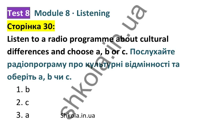 Відповідь до завдання рубрики Listening, сторінка 30 - ГДЗ Англійська мова 8 клас Мітчелл 2025 тести. Full Blast Plus 8 Test Booklet