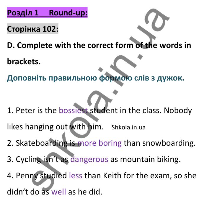Відповідь до завдання D, Round up 1, сторінка 102 - ГДЗ Англійська мова 8 клас Мітчелл 2025. Full Blast Plus 8