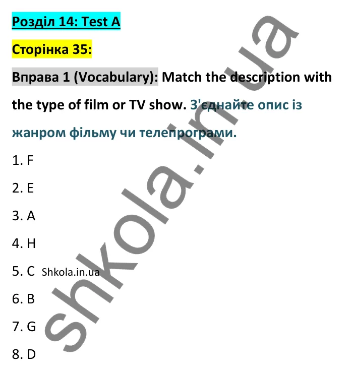 Відповідь до вправи 1 (лексика) тесту Unit 14 Test A, сторінка 35 - ГДЗ Англійська мова 8 клас Тіліуїн 2025. Prepare 8 Test Book