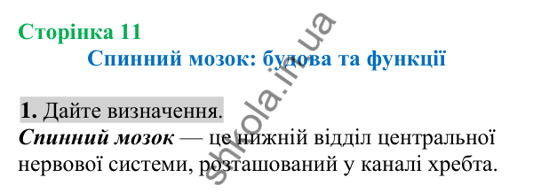 Відповідь до завдання 1 (с. 11) з біології для 8 класу (Кулініч, 2025): Спинний мозок: будова та функції