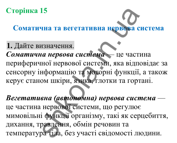 Відповідь до завдання 1 (с. 15) з біології для 8 класу (Кулініч, 2025): Соматична та вегетативна нервова система