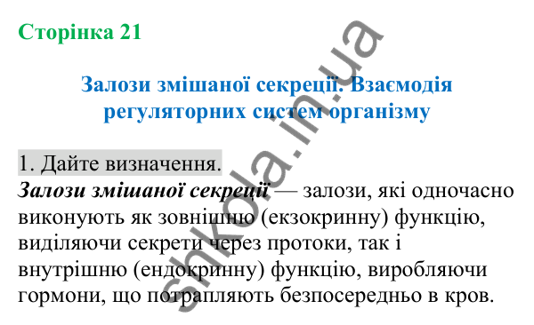 Відповідь до завдання 1 (с. 21) з біології для 8 класу (Кулініч, 2025): Залози змішаної секреції