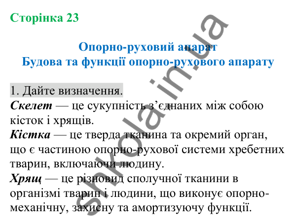 Відповідь до завдання 1 (с. 23) з біології для 8 класу (Кулініч, 2025): Будова та функції опорно-рухового апарату