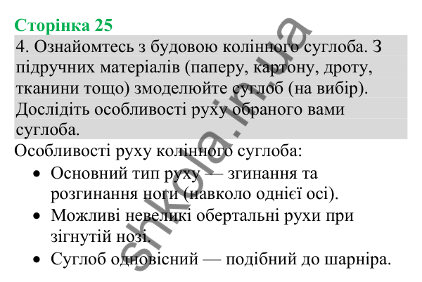 Відповідь до завдання 4 (с. 25) з біології для 8 класу (Кулініч, 2025): Типи кісток. З’єднання кісток