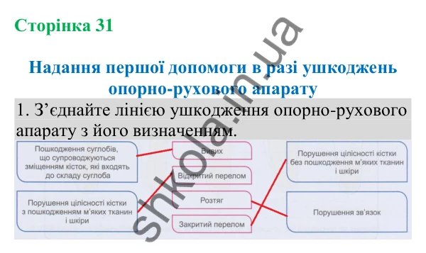 Відповідь до завдання 1 (с. 31) з біології для 8 класу (Кулініч, 2025): Надання першої допомоги в разі ушкоджень