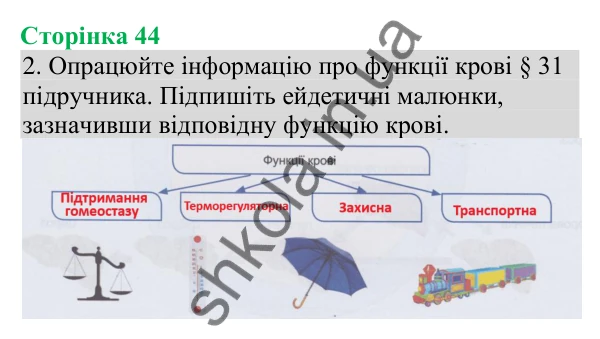 Відповідь до завдання 2 (с. 44) з біології для 8 класу (Кулініч, 2025): Внутрішнє середовище організму людини