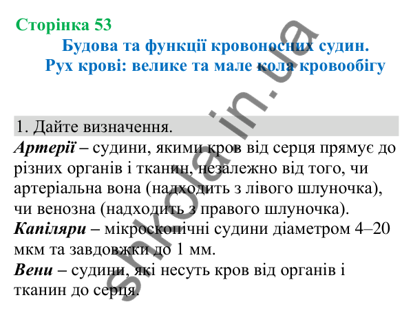 Відповідь до завдання 1 (с. 53) з біології для 8 класу (Кулініч, 2025): Будова та функції кровоносних судин