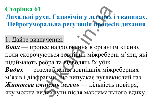 Відповідь до завдання 1 (с. 61) з біології для 8 класу (Кулініч, 2025): Дихальні рухи