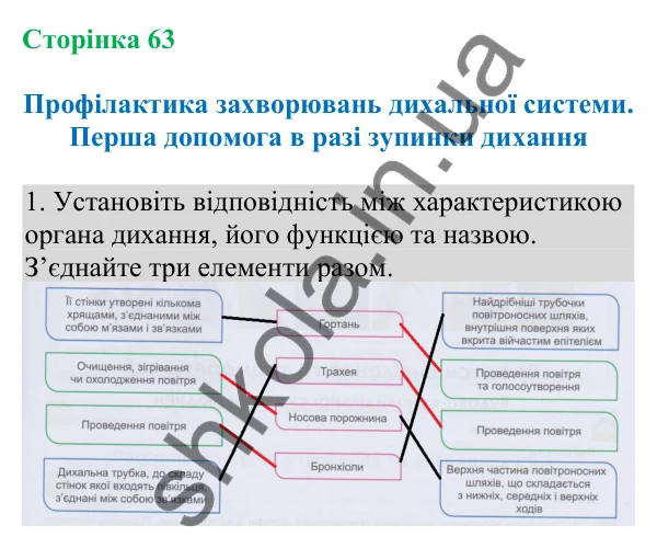 Відповідь до завдання 1 (с. 63) з біології для 8 класу (Кулініч, 2025): Профілактика захворювань дихальної системи