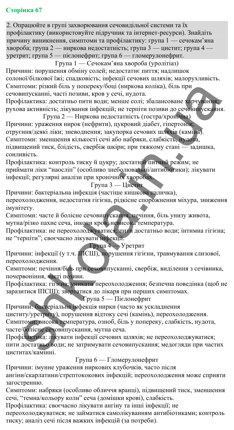 Відповідь до завдання 2 (с. 67) з біології для 8 класу (Кулініч, 2025): Захворювання органів виділення та їх