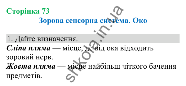 Відповідь до завдання 1 (с. 73) з біології для 8 класу (Кулініч, 2025): Зорова сенсорна система. Око