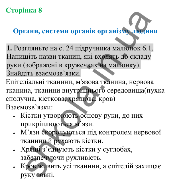 Відповідь до завдання 1 (с. 8) з біології для 8 класу (Кулініч, 2025): Органи, системи органів організму людини