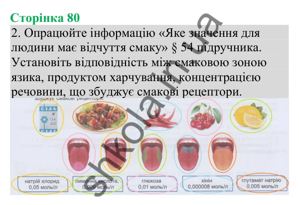 Відповідь до завдання 2 (с. 80) з біології для 8 класу (Кулініч, 2025): Сенсорні системи нюху, смаку