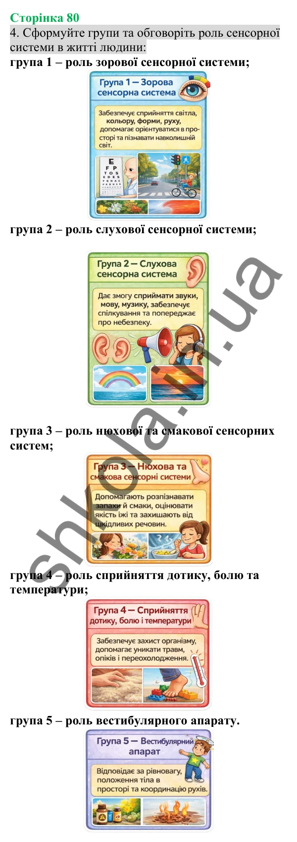 Відповідь до завдання 4 (с. 80) з біології для 8 класу (Кулініч, 2025): Сенсорні системи нюху, смаку