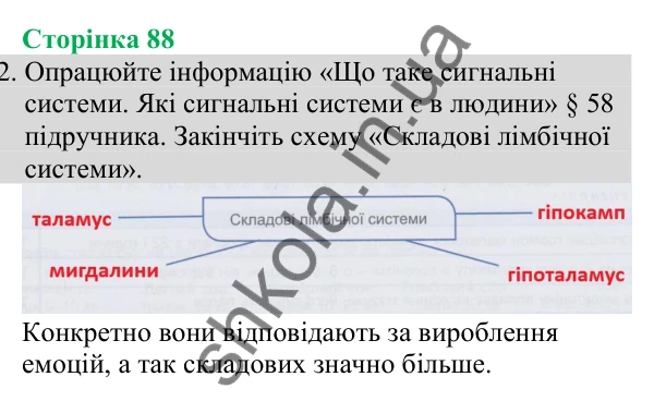 Відповідь до завдання 2 (с. 88) з біології для 8 класу (Кулініч, 2025): Перша сигнальна система