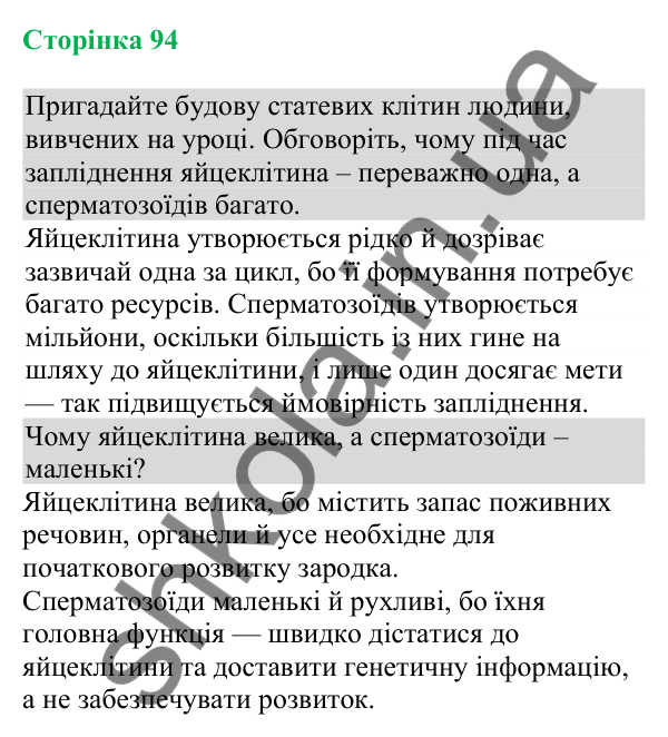 Відповідь до додаткового завдання (с. 94) з біології для 8 класу (Кулініч, 2025): Статеві клітини. Запліднення