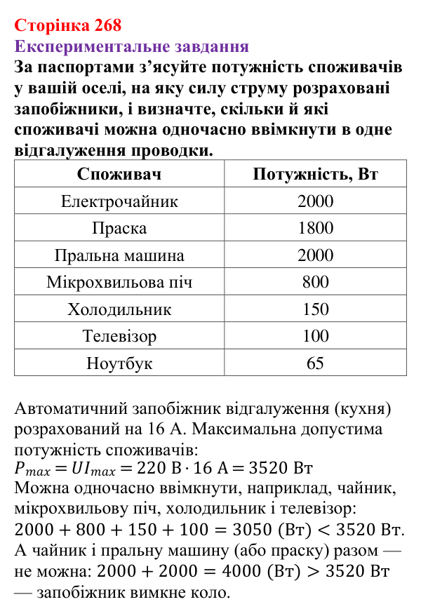 Відповідь до експериментального завдання (с. 268) з фізики для 8 класу (Бар’яхтар, 2025): Закон Джоуля — Ленца. Запобіжники