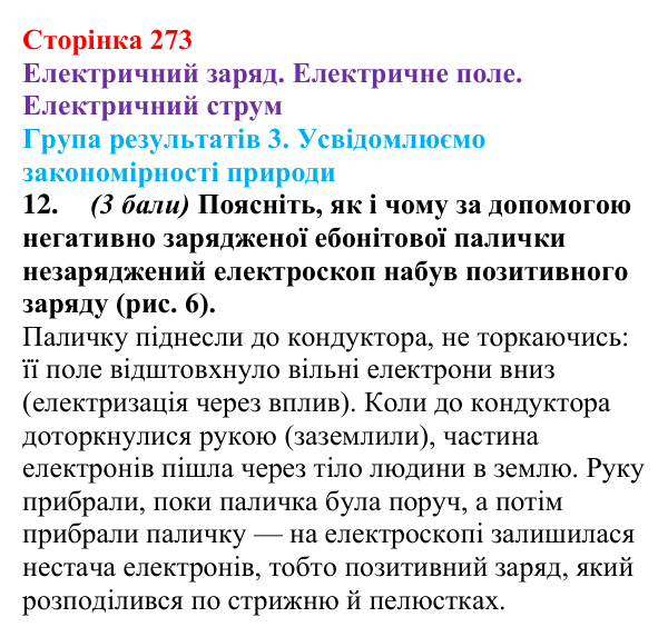 Відповідь до завдання 12 для самооцінювання до розділу 3 (с. 273) з фізики для 8 класу (Бар’яхтар, 2025): електричне поле