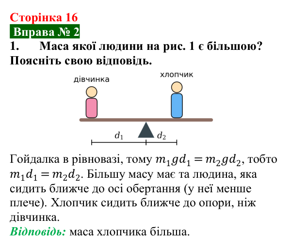 Відповідь до вправи № 2, завдання 1 (с. 16) з фізики для 8 класу (Бар’яхтар, 2025): Важіль. Момент сили