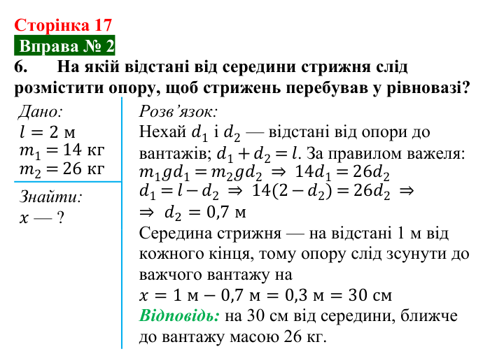 Відповідь до вправи № 2, завдання 6 (с. 17) з фізики для 8 класу (Бар’яхтар, 2025): Важіль. Момент сили