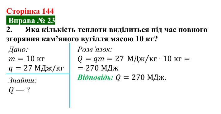Відповідь до вправи № 23, завдання 2 (с. 144) з фізики для 8 класу (Бар’яхтар, 2025): Теплота згоряння палива. ККД нагрівника