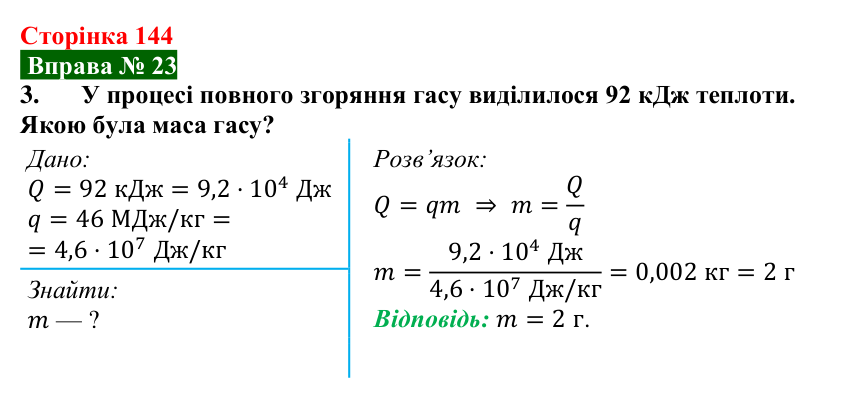 Відповідь до вправи № 23, завдання 3 (с. 144) з фізики для 8 класу (Бар’яхтар, 2025): Теплота згоряння палива. ККД нагрівника