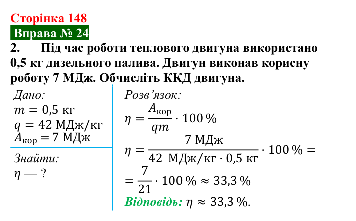 Відповідь до вправи № 24, завдання 2 (с. 148) з фізики для 8 класу (Бар’яхтар, 2025): Теплові двигуни. ККД теплового двигуна
