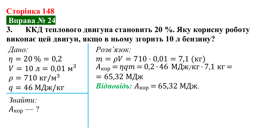 Відповідь до вправи № 24, завдання 3 (с. 148) з фізики для 8 класу (Бар’яхтар, 2025): Теплові двигуни. ККД теплового двигуна