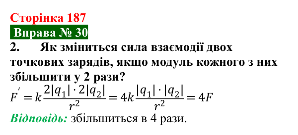 Відповідь до вправи № 30, завдання 2 (с. 187) з фізики для 8 класу (Бар’яхтар, 2025): Закон Кулона