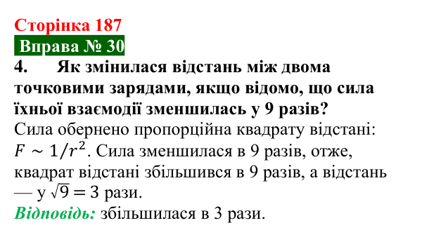 Відповідь до вправи № 30, завдання 4 (с. 187) з фізики для 8 класу (Бар’яхтар, 2025): Закон Кулона