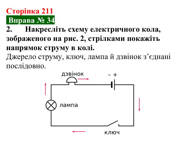 Відповідь до вправи № 34, завдання 2 (с. 211) з фізики для 8 класу (Бар’яхтар, 2025): Електричне коло та його елементи