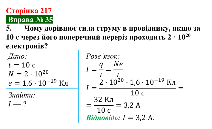 Відповідь до вправи № 35, завдання 5 (с. 217) з фізики для 8 класу (Бар’яхтар, 2025): Сила струму