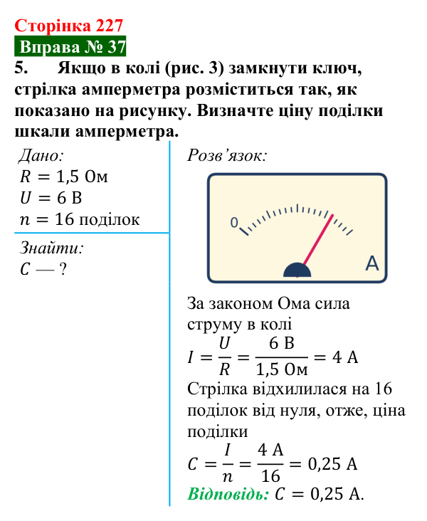 Відповідь до вправи № 37, завдання 5 (с. 227) з фізики для 8 класу (Бар’яхтар, 2025): Електричний опір. Закон Ома
