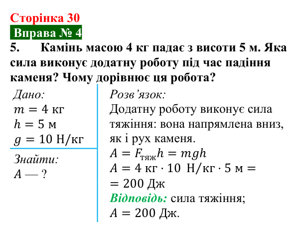Відповідь до вправи № 4, завдання 5 (с. 30) з фізики для 8 класу (Бар’яхтар, 2025): Механічна робота