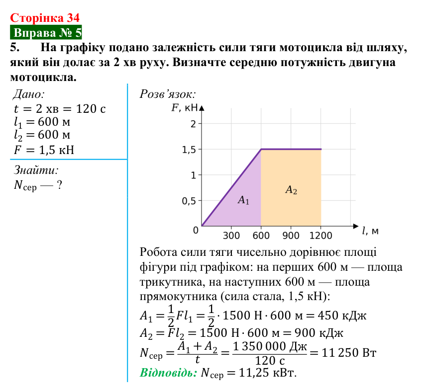 Відповідь до вправи № 5, завдання 5 (с. 34) з фізики для 8 класу (Бар’яхтар, 2025): Потужність