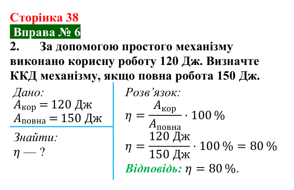 Відповідь до вправи № 6, завдання 2 (с. 38) з фізики для 8 класу (Бар’яхтар, 2025): ККД простих механізмів