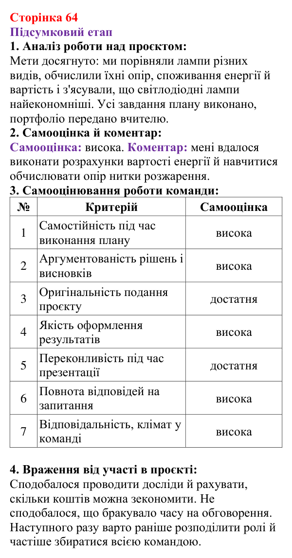 Відповідь до сторінки 64 зошита для лабораторних робіт з фізики для 8 класу (Божинова, 2025): Навчальний проєкт «Електрика в житті людини»