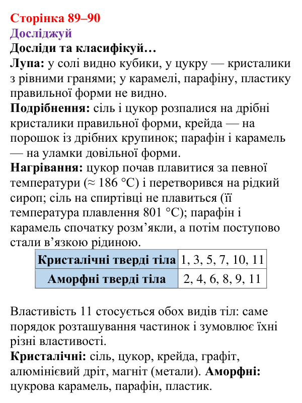 Відповіді до рубрики «Досліджуй» § 13 (с. 89–90) з фізики для 8 класу (Засєкіна, 2025): Кристалічні й аморфні речовини