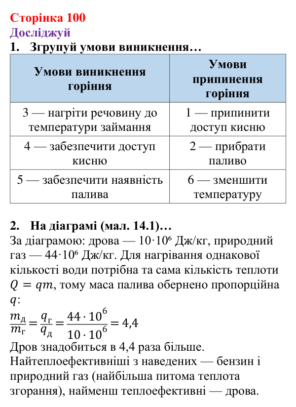 Відповіді до рубрики «Досліджуй» § 14 (с. 100) з фізики для 8 класу (Засєкіна, 2025): Згорання палива. ККД нагрівника