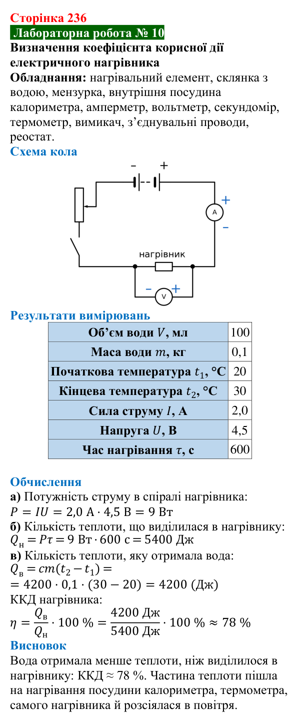 Лабораторна робота № 10 (с. 236) з фізики для 8 класу (Засєкіна, 2025): Визначення коефіцієнта корисної дії електричного нагрівника
