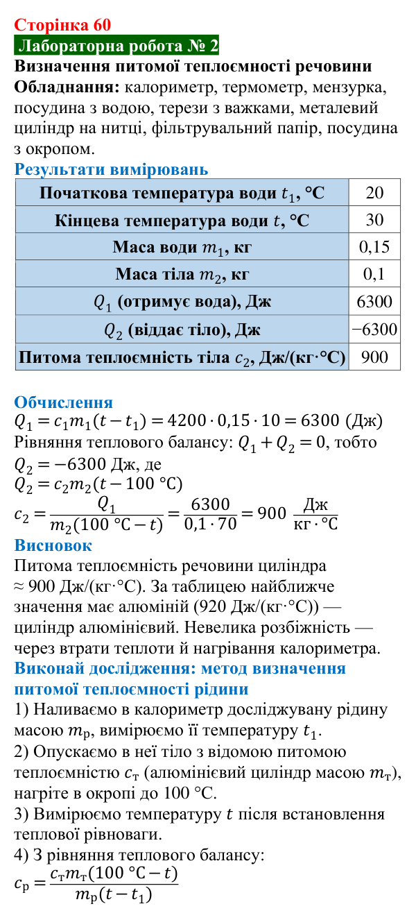 Лабораторна робота № 2 (с. 60) з фізики для 8 класу (Засєкіна, 2025): Визначення питомої теплоємності речовини