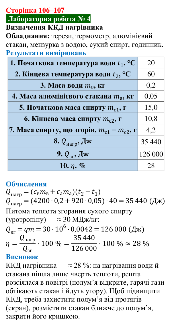 Лабораторна робота № 4 (с. 106–107) з фізики для 8 класу (Засєкіна, 2025): Визначення ККД нагрівника